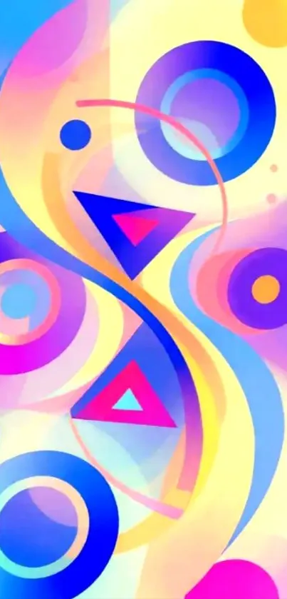 Vibrant geometric abstract wallpaper with colorful circles and triangles.