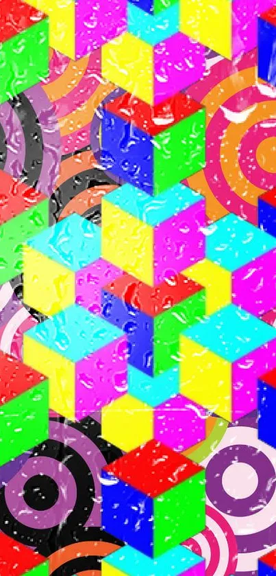 Vibrant geometric wallpaper with colorful 3D cubes and abstract patterns.