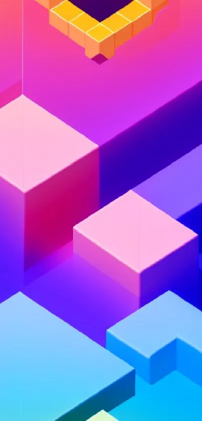 Vibrant 3D geometric wallpaper with pink, yellow, and blue hues.