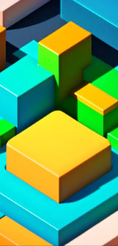 Colorful 3D geometric blocks in blue, orange, and green tones.