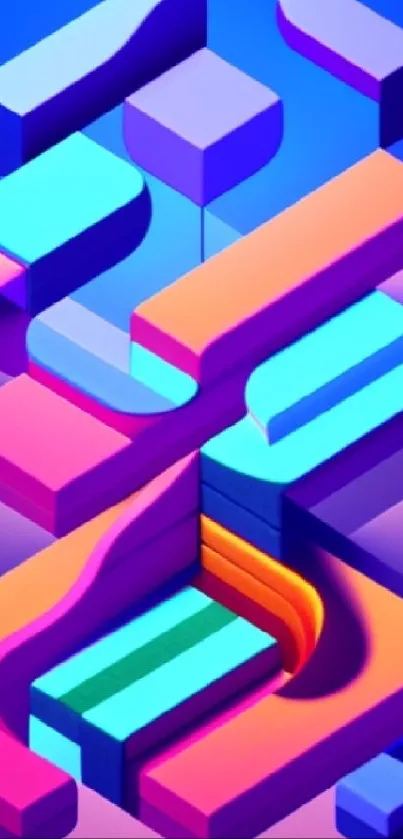 Vibrant geometric wallpaper with abstract 3D shapes on a blue gradient background.