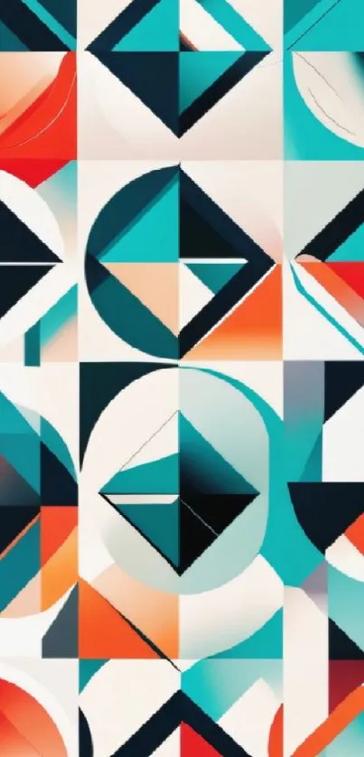 Vibrant geometric pattern mobile wallpaper with teal, orange, and black shapes.