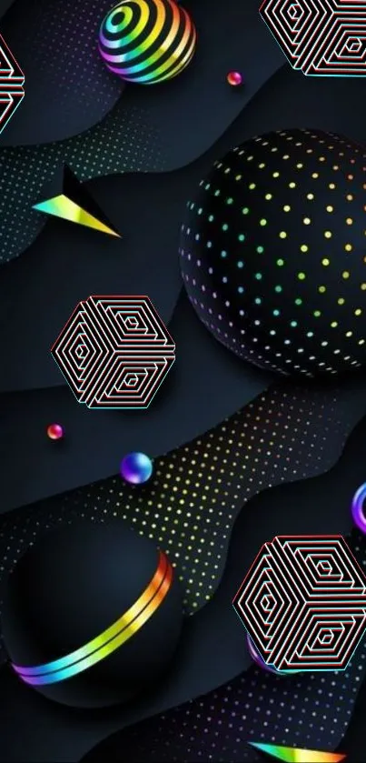 Vibrant geometric mobile wallpaper with colorful dots and 3D elements.