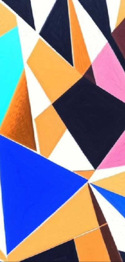 Vibrant geometric mobile wallpaper with colorful triangles and dynamic shapes.