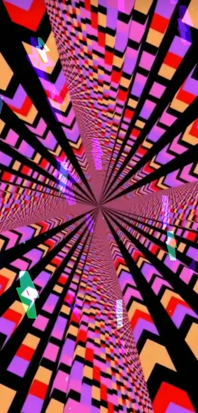 Vibrant geometric mobile wallpaper with pink and purple kaleidoscope design.