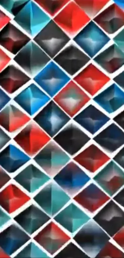 Geometric abstract wallpaper with red, blue, and black diamond shapes.