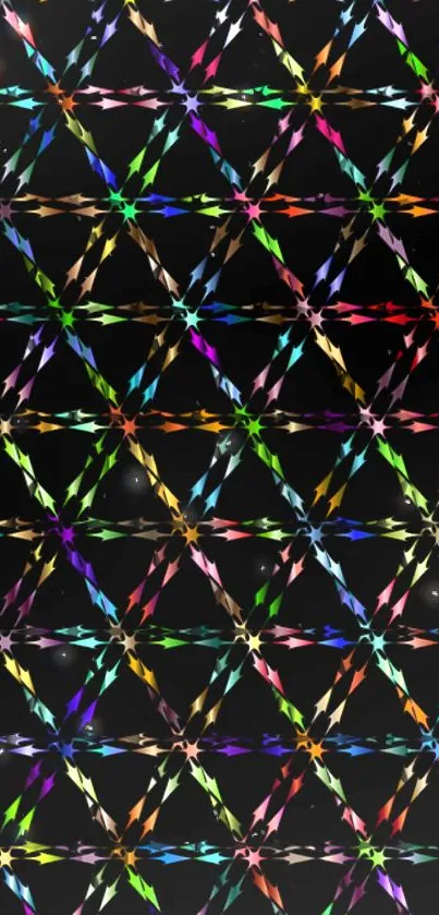 Vibrant geometric wallpaper with colorful diamonds on a black background.