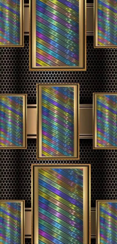 Colorful geometric and metallic wallpaper design.