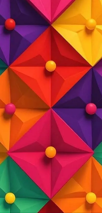 Colorful geometric pattern wallpaper with vibrant triangles and spheres.