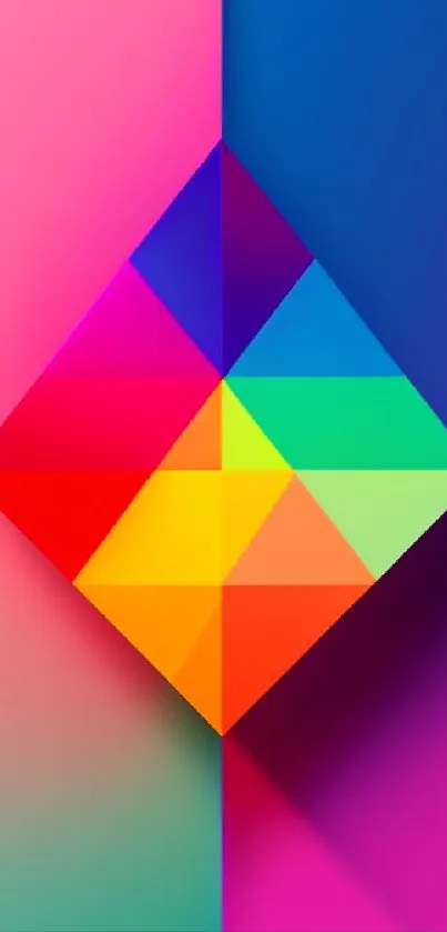 Colorful geometric diamond wallpaper with vibrant hues on pink and blue background.