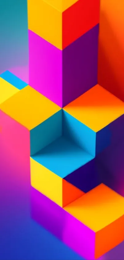 Vibrant 3D geometric wallpaper with colorful cubes and neon shades.