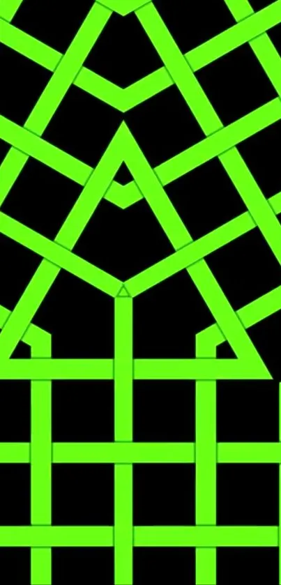 Vibrant green geometric pattern on black background.