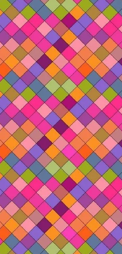 Vibrant geometric wallpaper with colorful tile patterns on mobile.