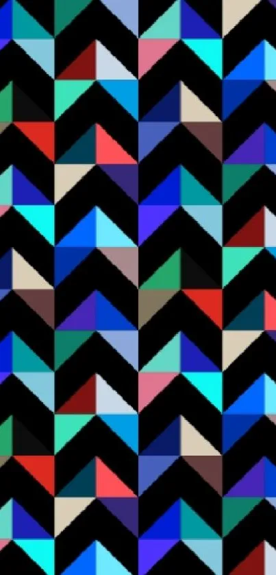 Colorful geometric wallpaper with vibrant chevron pattern in blues and reds.