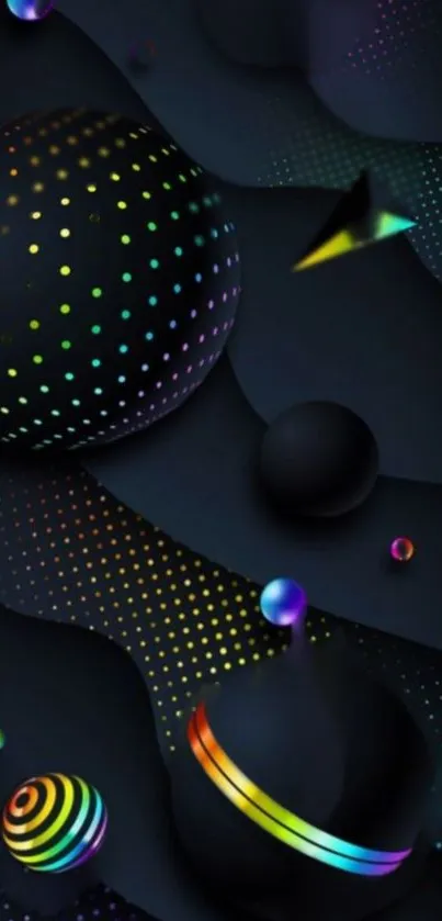 Vibrant geometric wallpaper with colorful 3D shapes on dark background.