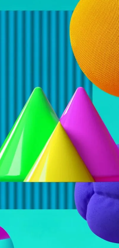 Vibrant geometric wallpaper with colorful 3D shapes for mobile screens.