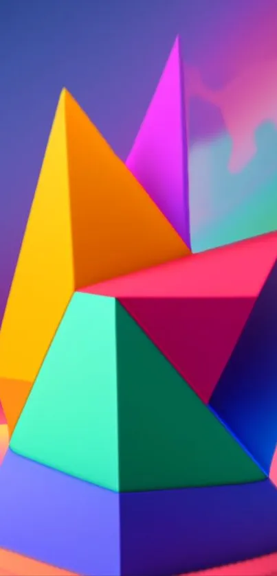 Vibrant geometric wallpaper with 3D colorful shapes.