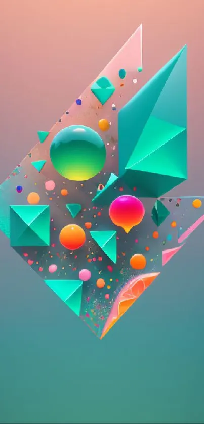 Vibrant geometric wallpaper with teal shapes and pastel gradient.