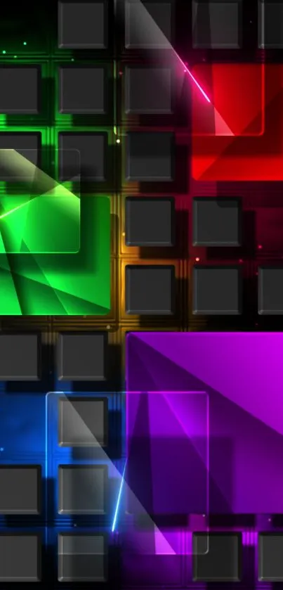 Colorful geometric wallpaper with red, green, blue, and purple squares on a black grid.