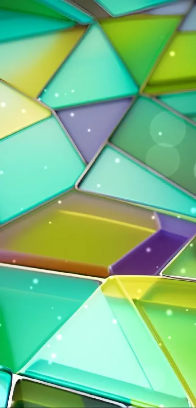 Vibrant geometric mobile wallpaper with colorful shapes in green, yellow, and blue hues.