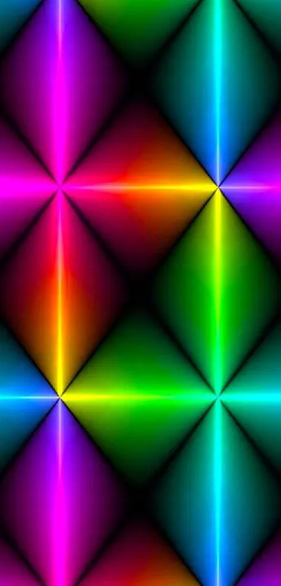 Vibrant geometric pattern with neon colors and glowing grid for mobile wallpaper.