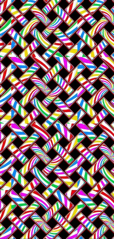 Vibrant geometric wallpaper with colorful stripes on black background.