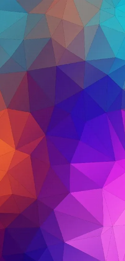 Vibrant geometric wallpaper with colorful triangles in purple and orange hues.