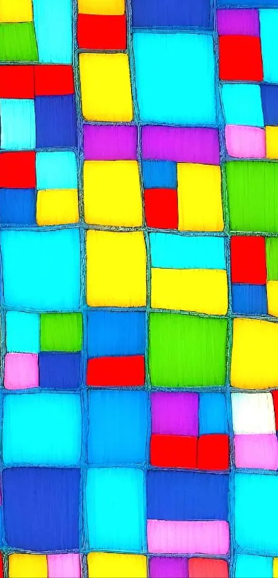 Colorful geometric mosaic wallpaper with vibrant squares.