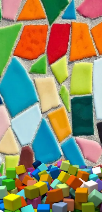 Colorful geometric mosaic wallpaper with 3D cubes.