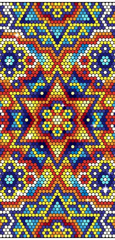 Intricate geometric mosaic wallpaper with vibrant colors and star patterns.