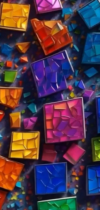 Vibrant geometric mosaic wallpaper with colorful tiles.
