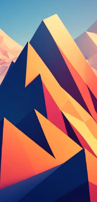 Colorful geometric mountain art wallpaper with striking shapes and vibrant hues.