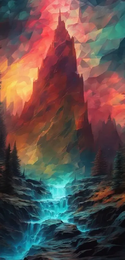 Vibrant geometric mountain art with bold, colorful abstract shapes.