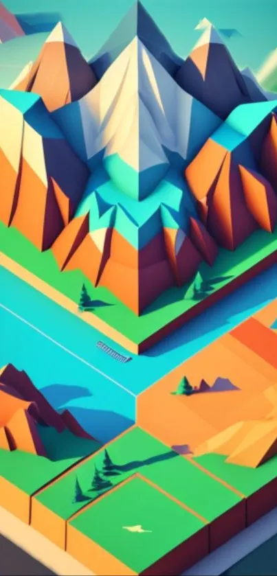 Colorful geometric mountain landscape wallpaper with 3D effect and vibrant design.