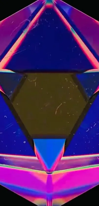 Vibrant geometric prism with neon colors against black background.