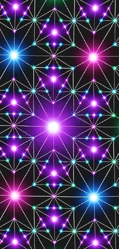 A vibrant geometric neon pattern with purple and pink hues on a dark background.