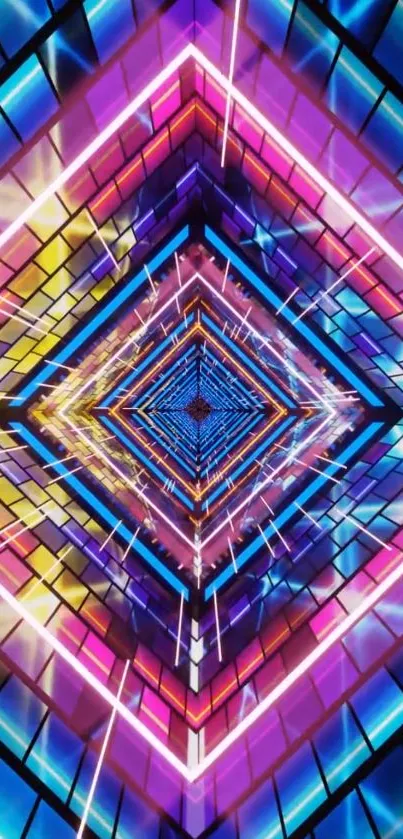 Vibrant geometric neon tunnel with dazzling colors.