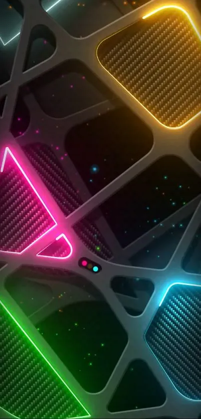 Vibrant neon geometric wallpaper with colorful abstract shapes.