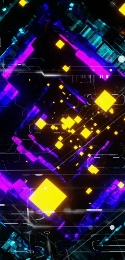 Vibrant geometric neon wallpaper with purple, blue, and yellow accents.