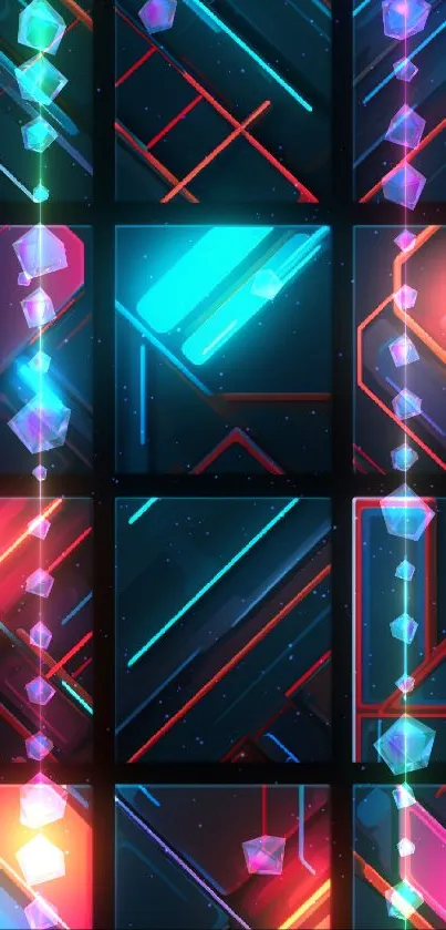 Vibrant geometric neon wallpaper with glowing, colorful lines and shapes.