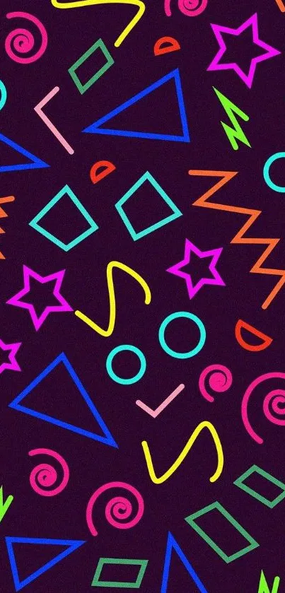 Geometric neon wallpaper with vibrant shapes on dark background.