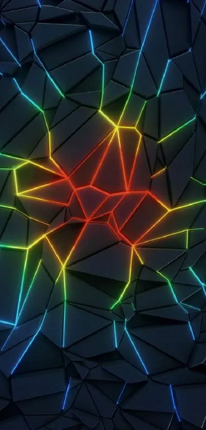 Colorful geometric wallpaper with neon lines on a dark background.