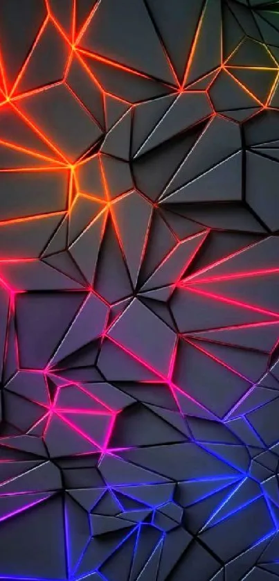 Geometric neon wallpaper with vibrant colors and dark background.