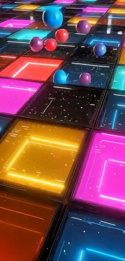 Vibrant geometric neon wallpaper with colorful glowing tiles and spheres.