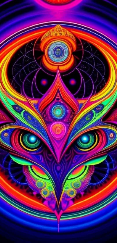 Vibrant geometric owl design with psychedelic patterns and vivid colors.