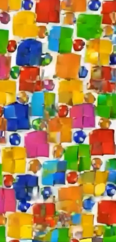 Colorful geometric pattern wallpaper with squares and circles.