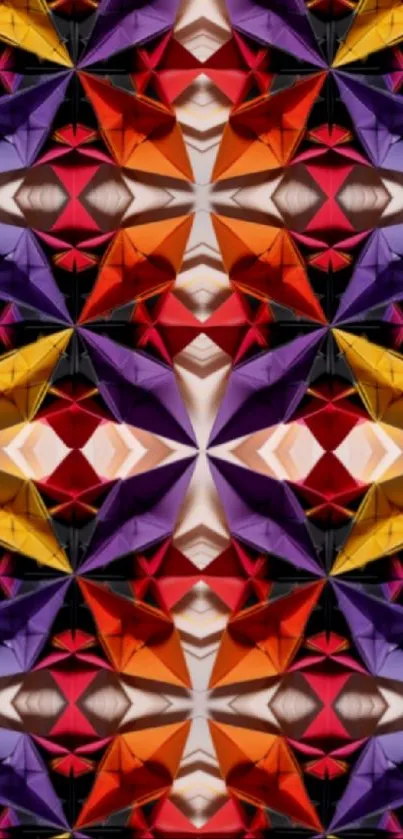 Vibrant geometric pattern in purple, red, and yellow hues.