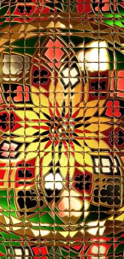 Vibrant mosaic geometric pattern with gold accents.