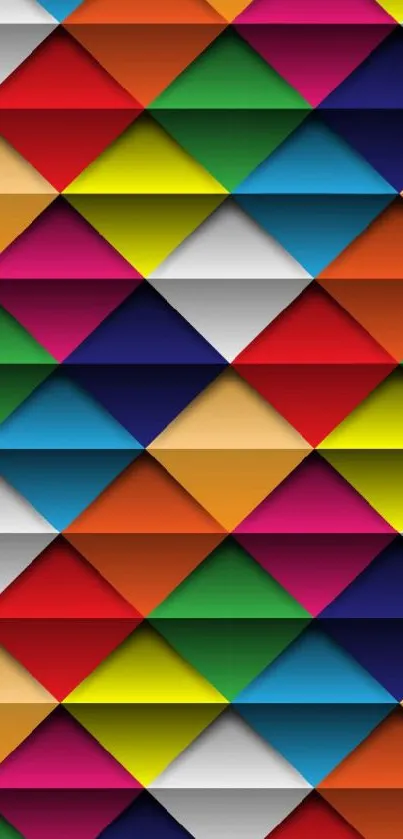 Vibrant geometric wallpaper with colorful diamond shapes, creating a 3D effect.