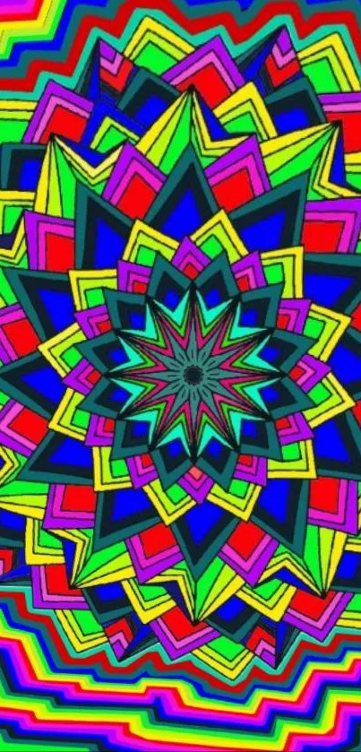 Vibrant geometric mandala art with bold colors.